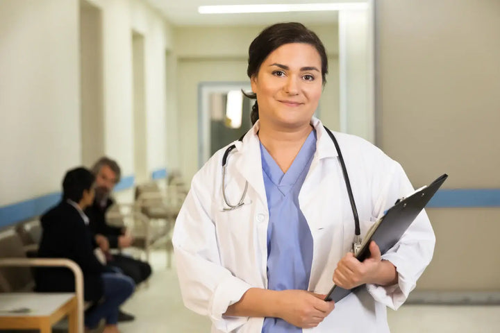 doctor smiles while holding her clipboard